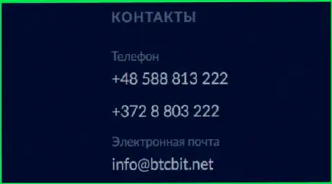 Телефон и электронный адрес интернет-обменки БТК Бит