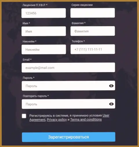 Форма регистрации на web-портале дилингового центра Zinnera Com