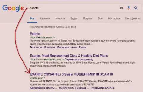Посетители Гугл предупреждены, что Экзанте - это МОШЕННИКИ !!!